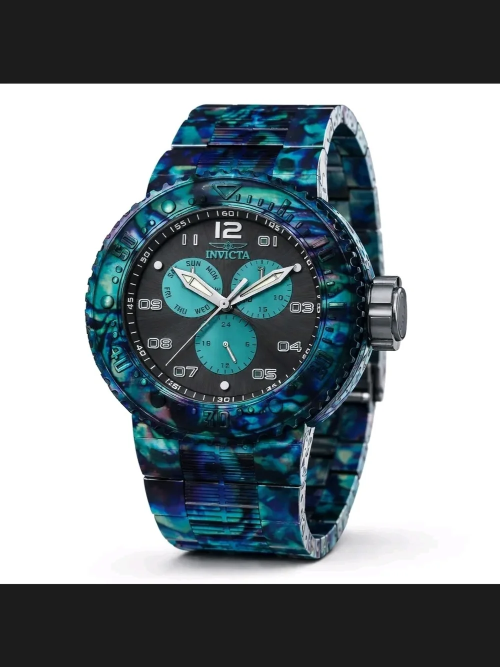 Invicta Blue-Green Abalone Pattern Chronograph Watch 50mm